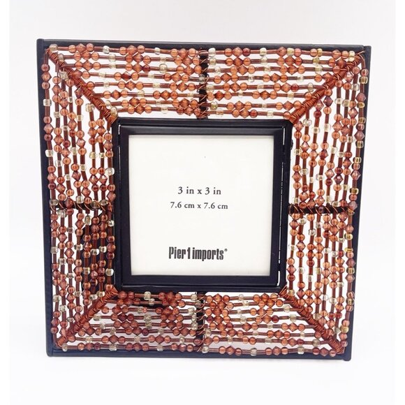Pier 1 Imports Hand Beaded Boho 3” X 3” Table Top Photo Frame Amber Orange - Picture 1 of 6